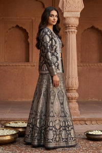 Black Jacquard Sequins Zari Work Straight Crop Top with Skirt and Jacket Set