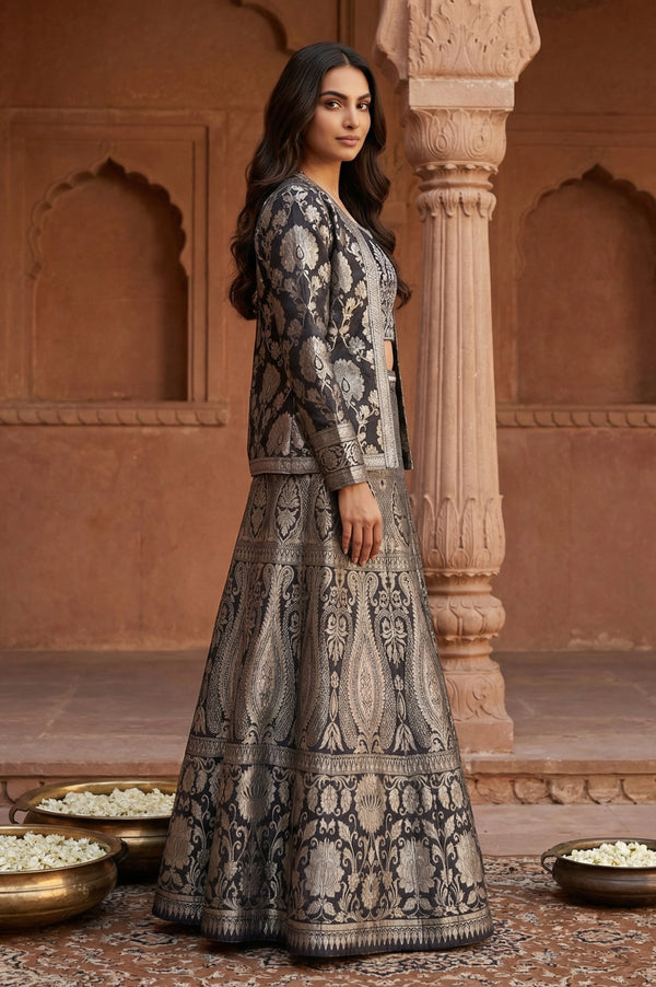 Black Jacquard Sequins Zari Work Straight Crop Top with Skirt and Jacket Set