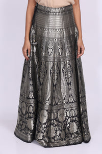 Black Jacquard Sequins Zari Work Straight Crop Top with Skirt and Jacket Set