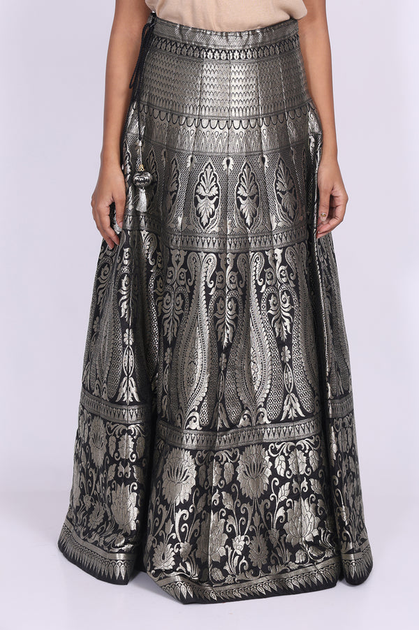Black Jacquard Sequins Zari Work Straight Crop Top with Skirt and Jacket Set