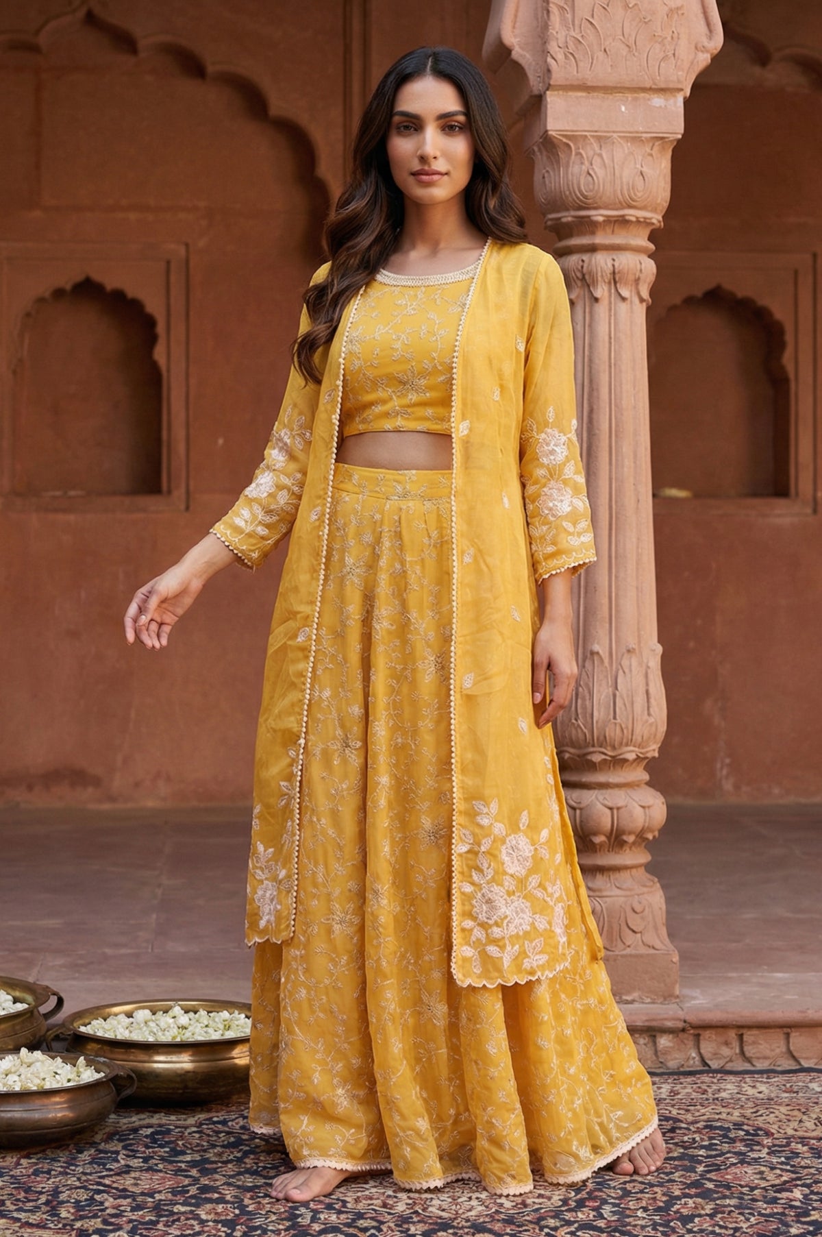 Yellow Embroidered Georgette Crop Top with Sharara and Jacket Set - XS