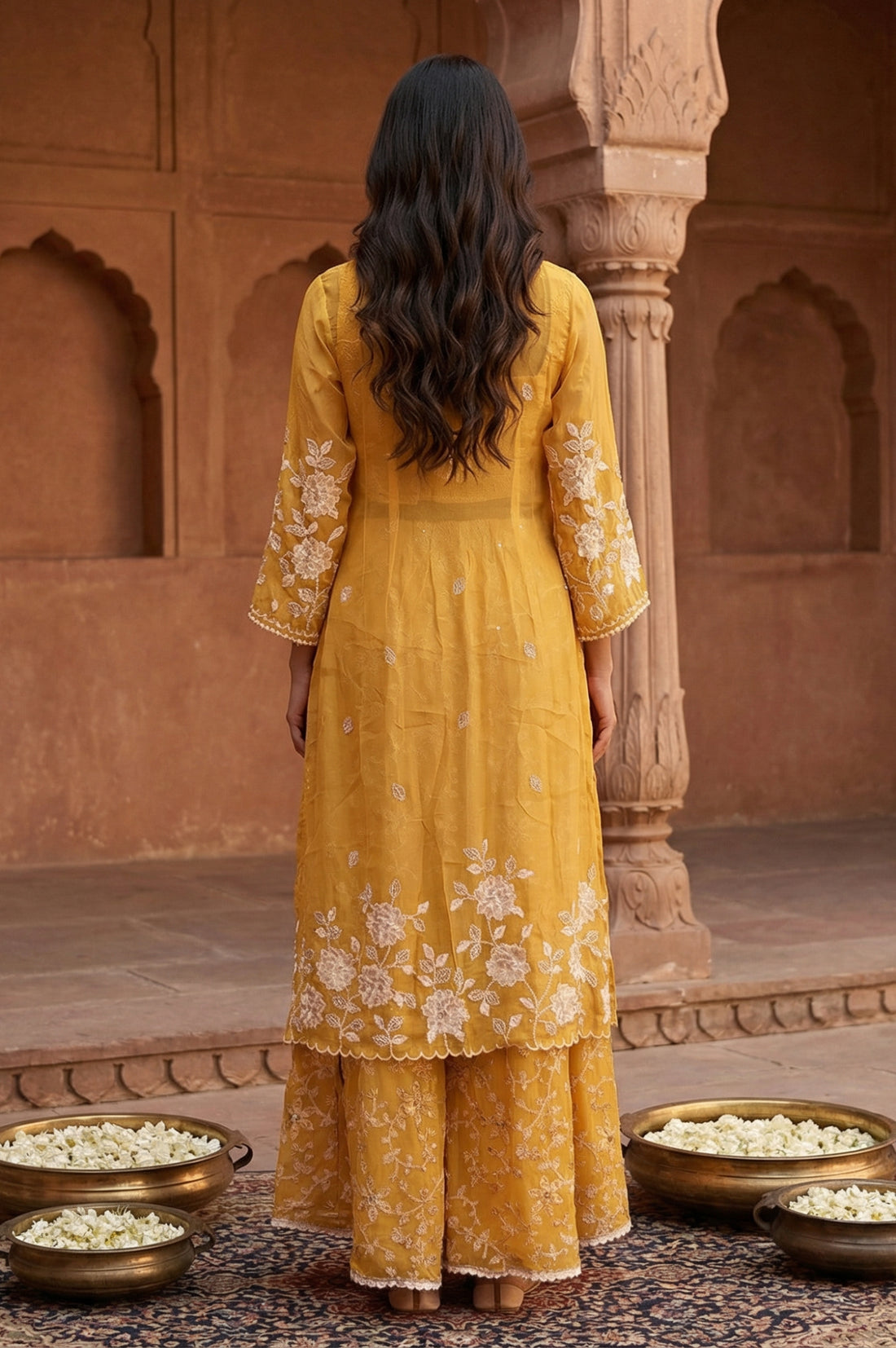 Yellow Embroidered Georgette Crop Top with Sharara and Jacket Set