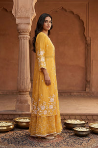 Yellow Embroidered Georgette Crop Top with Sharara and Jacket Set