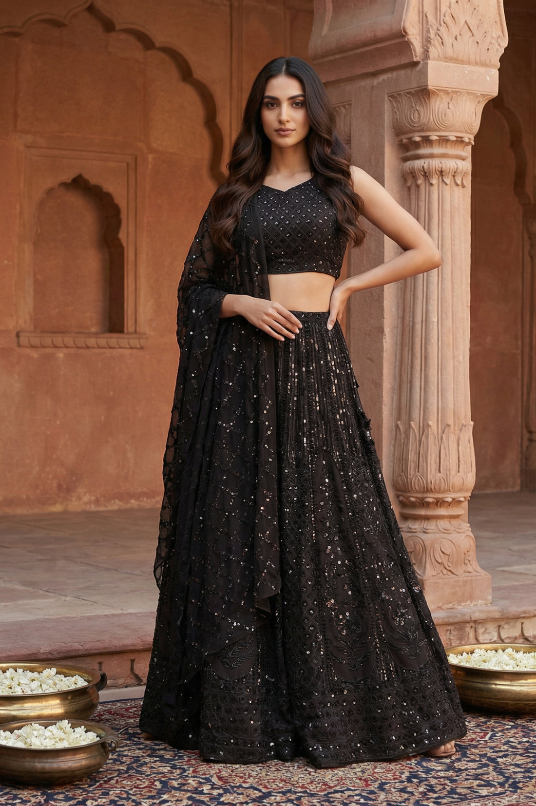 Black Sequins Crop Top with Skirt and Dupatta Set