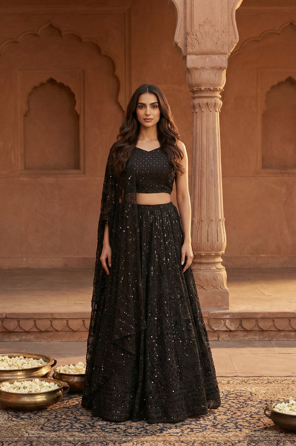 Black Sequins Crop Top with Skirt and Dupatta Set