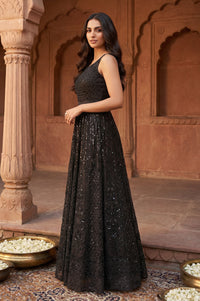 Black Sequins Crop Top with Skirt and Dupatta Set