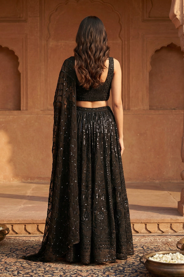 Black Sequins Crop Top with Skirt and Dupatta Set