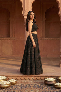 Black Sequins Crop Top with Skirt and Dupatta Set