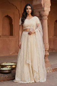 Beige Sequins Crop Top with Skirt and Dupatta Set