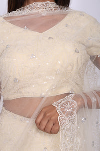 Beige Sequins Crop Top with Skirt and Dupatta Set