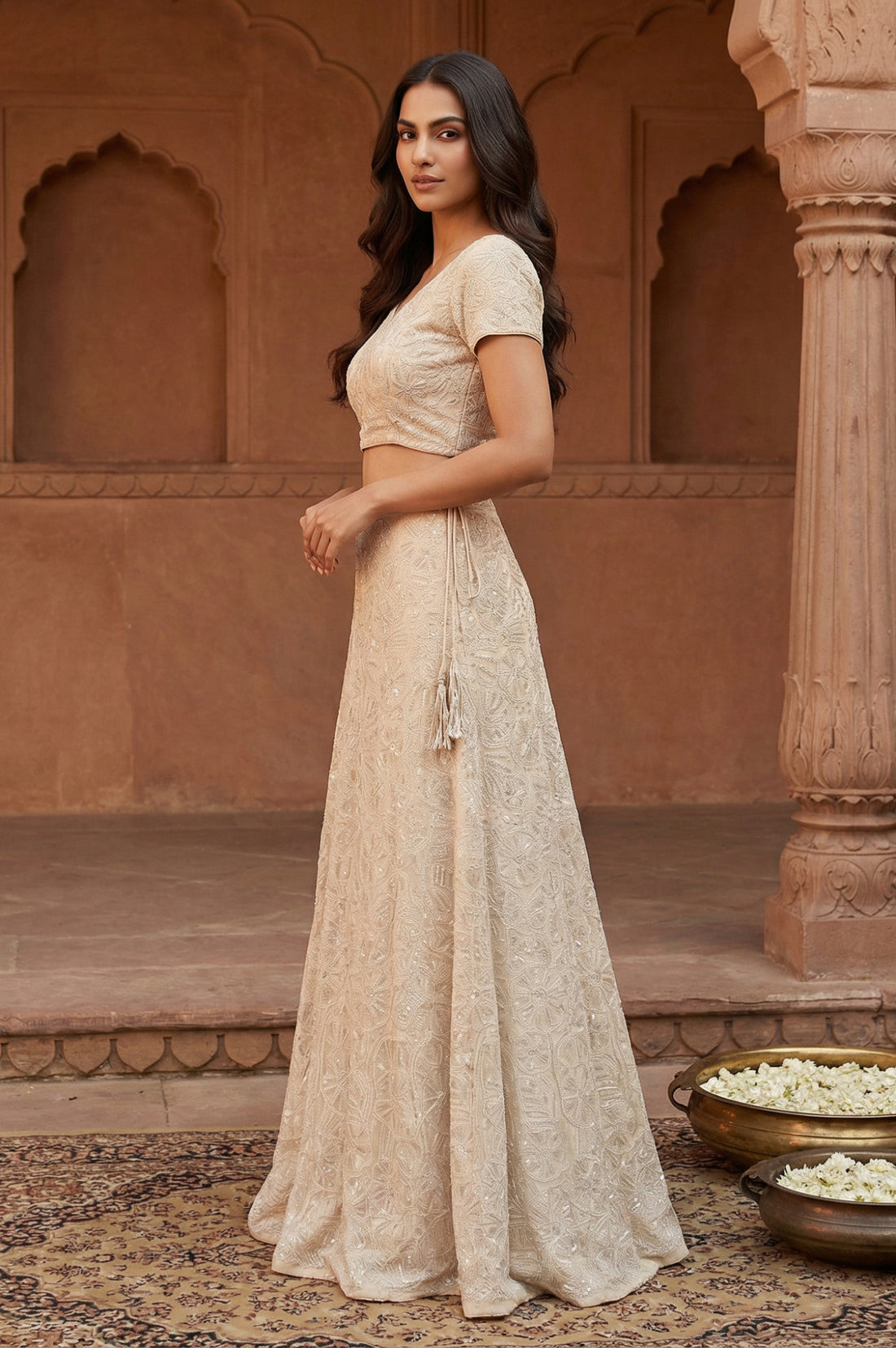 Beige Sequins Crop Top with Skirt and Dupatta Set