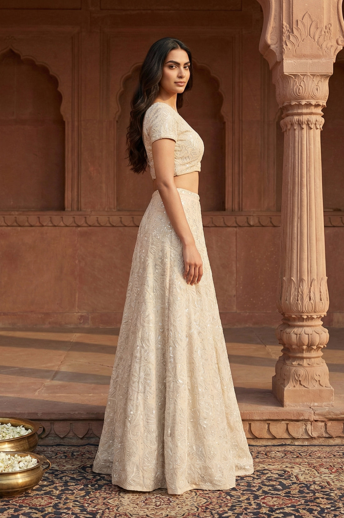 Beige Sequins Crop Top with Skirt and Dupatta Set