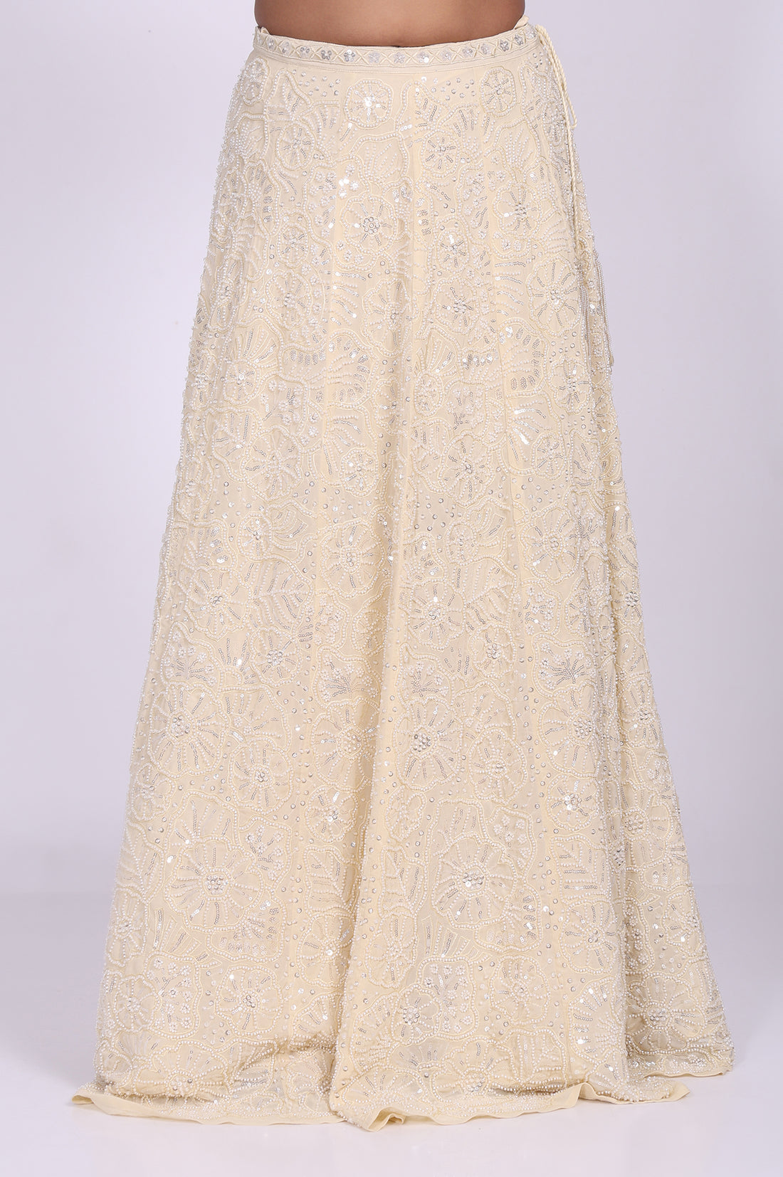 Beige Sequins Crop Top with Skirt and Dupatta Set
