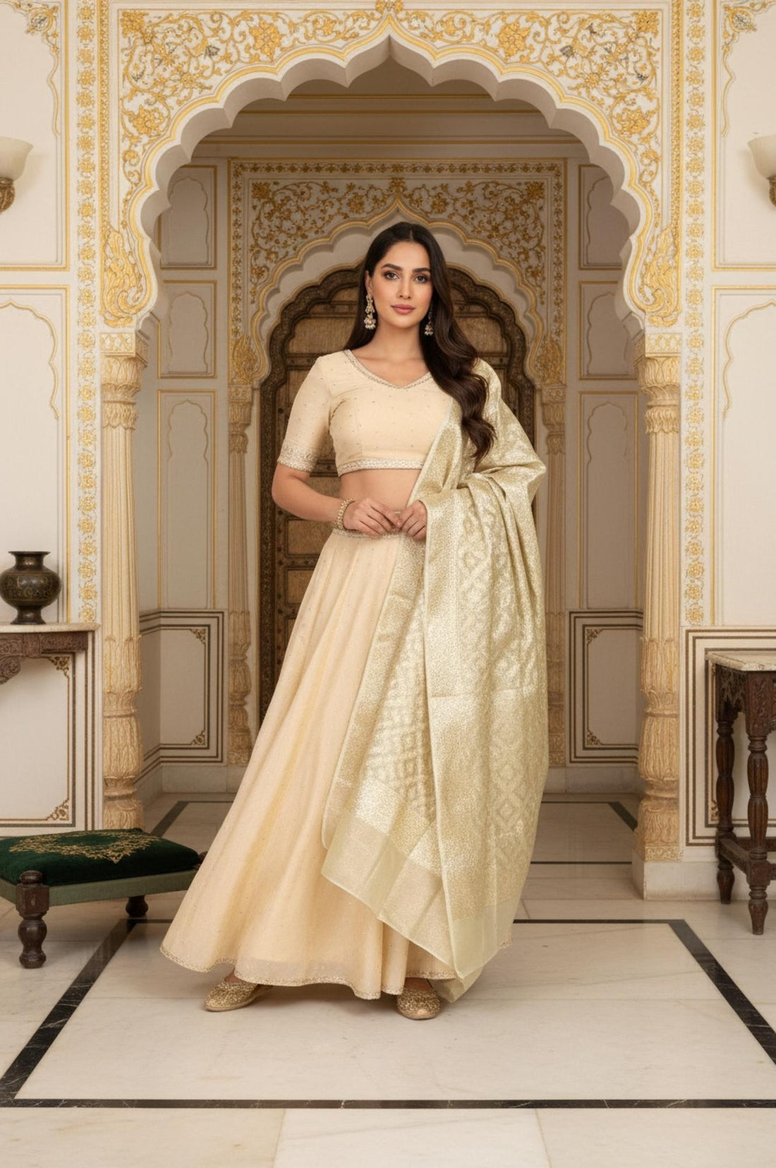 Beige Embroidered Flared Swiss Dot Tissue Crop Top with Skirt and Dupatta Set