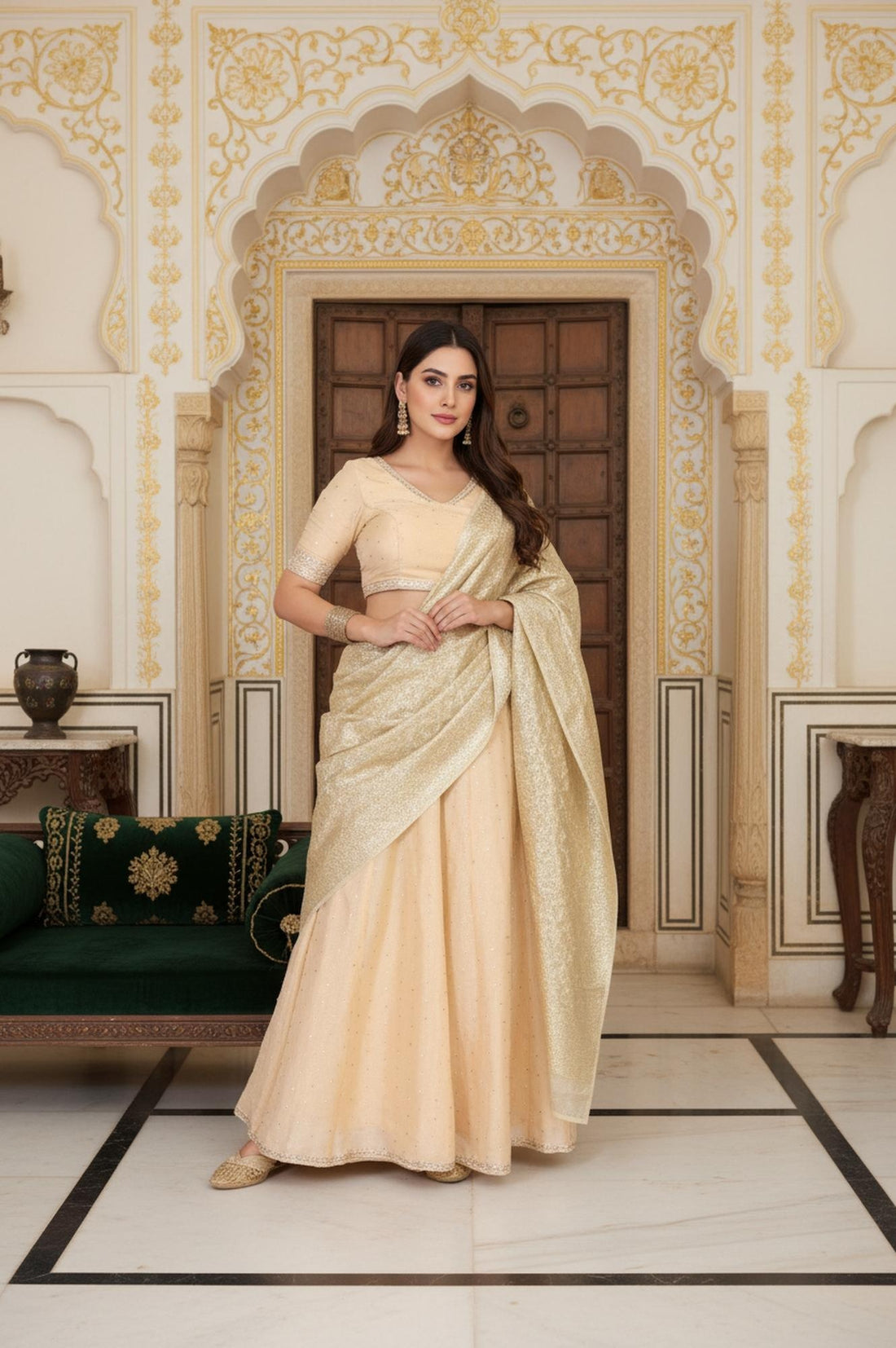 Beige Embroidered Flared Swiss Dot Tissue Crop Top with Skirt and Dupatta Set