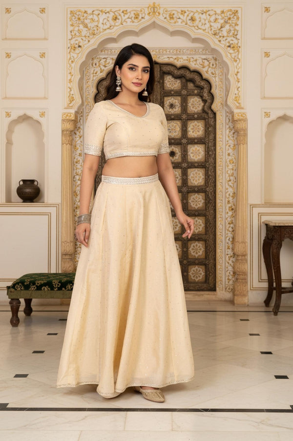 Beige Embroidered Flared Swiss Dot Tissue Crop Top with Skirt and Dupatta Set