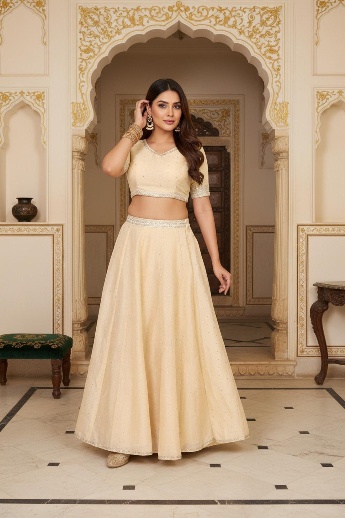 Beige Embroidered Flared Swiss Dot Tissue Crop Top with Skirt and Dupatta Set
