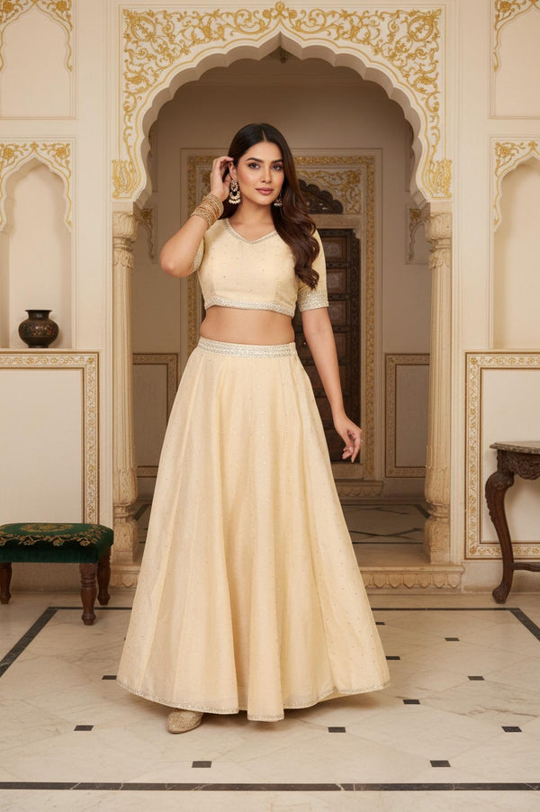 Beige Embroidered Flared Swiss Dot Tissue Crop Top with Skirt and Dupatta Set