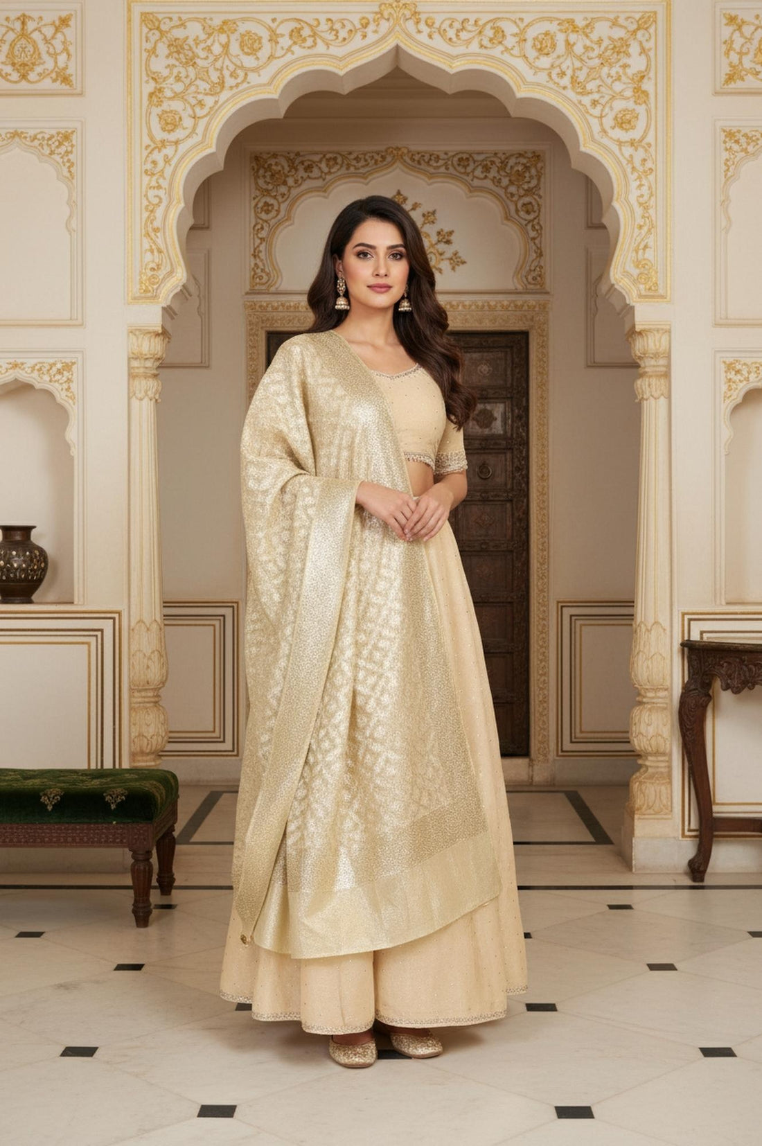 Beige Embroidered Flared Swiss Dot Tissue Crop Top with Skirt and Dupatta Set