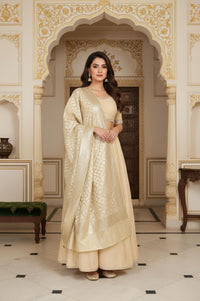 Beige Embroidered Flared Swiss Dot Tissue Crop Top with Skirt and Dupatta Set