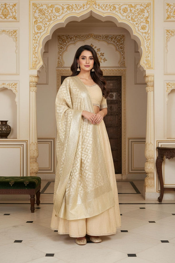 Beige Embroidered Flared Swiss Dot Tissue Crop Top with Skirt and Dupatta Set