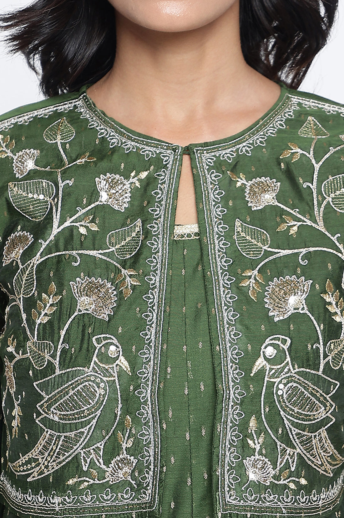 Green Dyed Printed Dori Embroidery Chanderi Butta Anarkali Kurta, Legging and Jacket Set