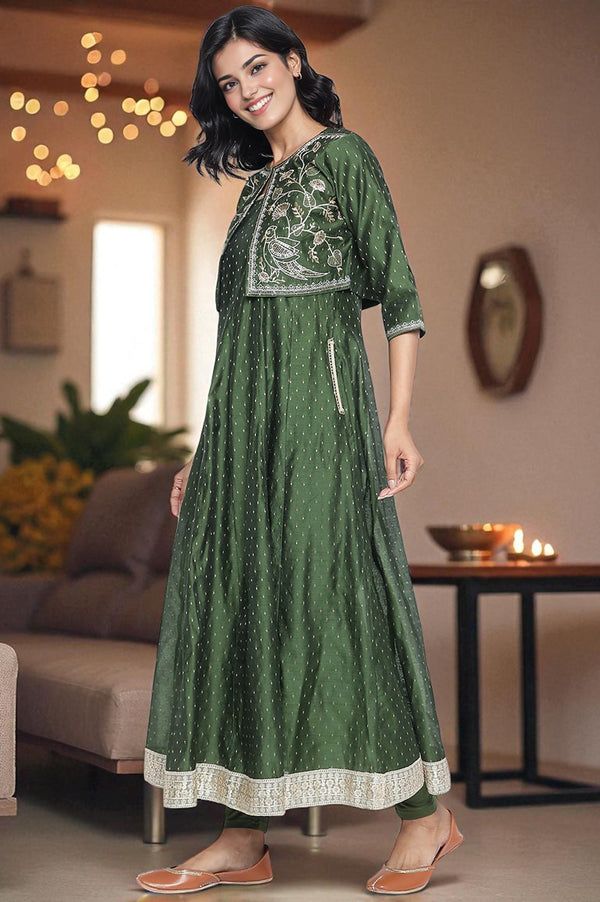 Green Dyed Printed Dori Embroidery Chanderi Butta Anarkali Kurta, Legging and Jacket Set