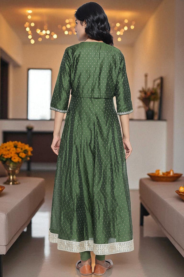Green Dyed Printed Dori Embroidery Chanderi Butta Anarkali Kurta, Legging and Jacket Set