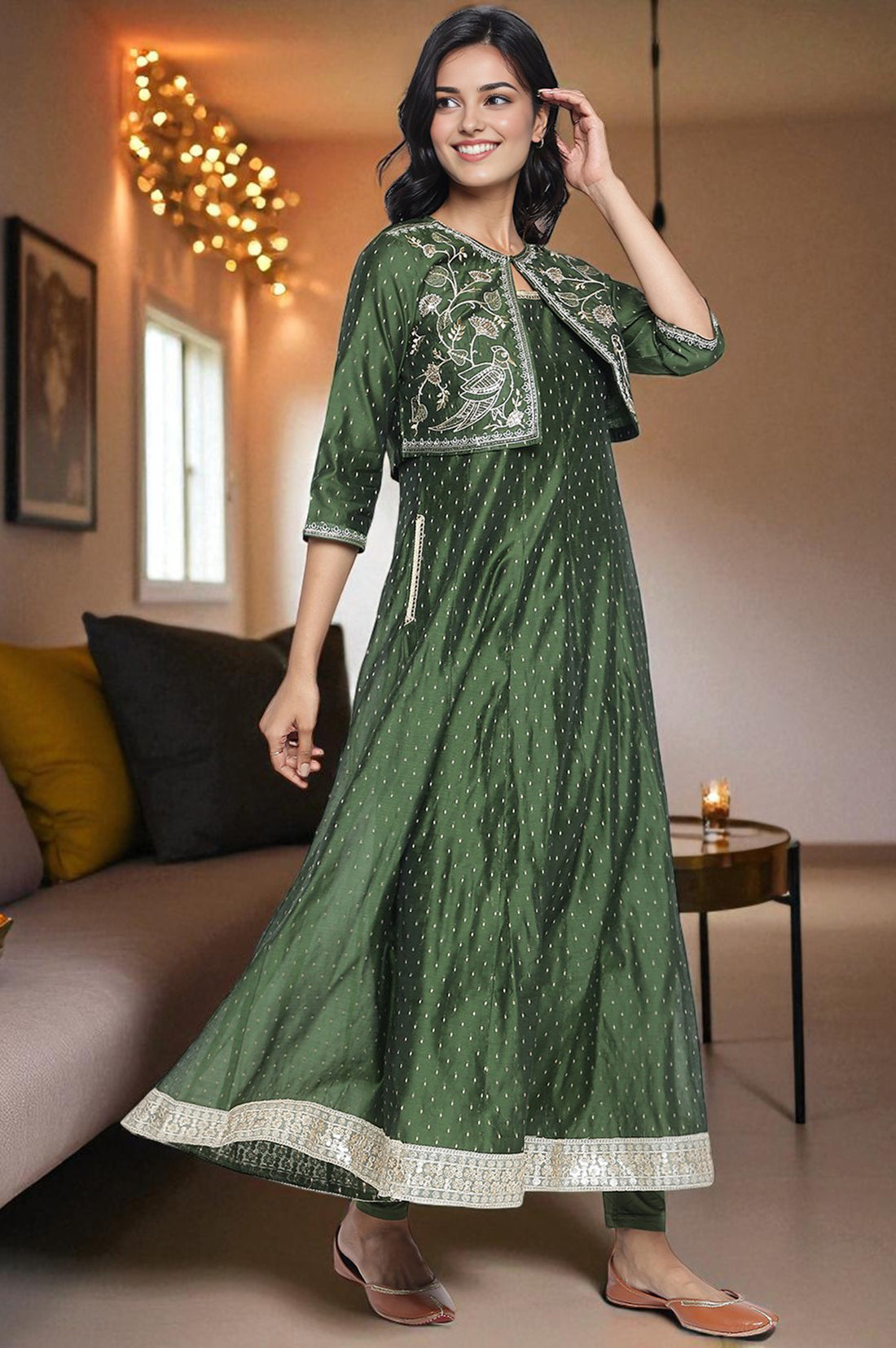Green Dyed Printed Dori Embroidery Chanderi Butta Anarkali Kurta, Legging and Jacket Set