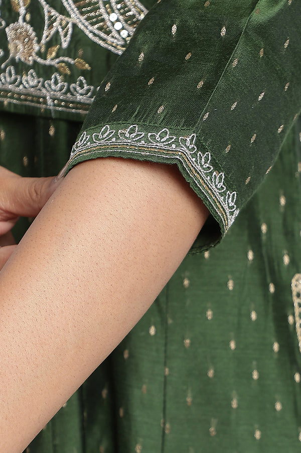 Green Dyed Printed Dori Embroidery Chanderi Butta Anarkali Kurta, Legging and Jacket Set