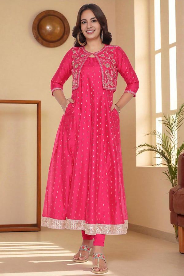 Fusia Yarn Dyed Printed Chanderi Butta Anarkali Kurta, Legging and Jacket Set