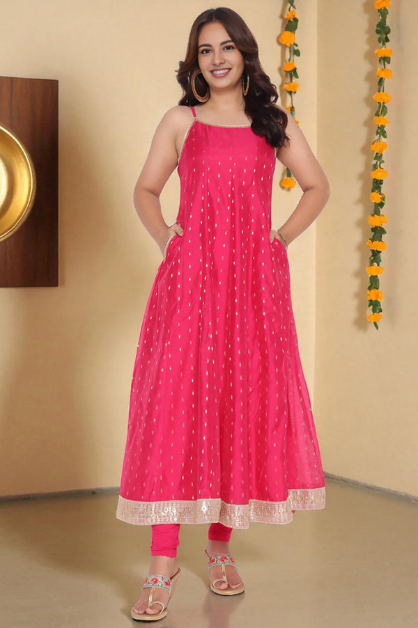 Fusia Yarn Dyed Printed Chanderi Butta Anarkali Kurta, Legging and Jacket Set