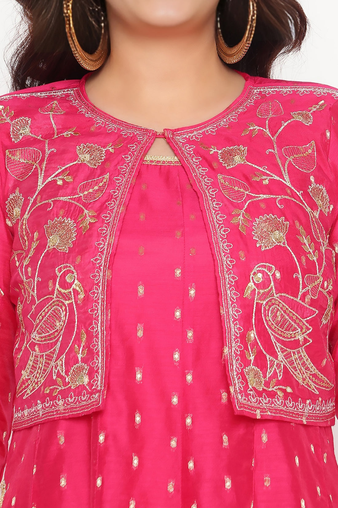 Fusia Yarn Dyed Printed Chanderi Butta Anarkali Kurta, Legging and Jacket Set