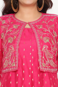 Fusia Yarn Dyed Printed Chanderi Butta Anarkali Kurta, Legging and Jacket Set