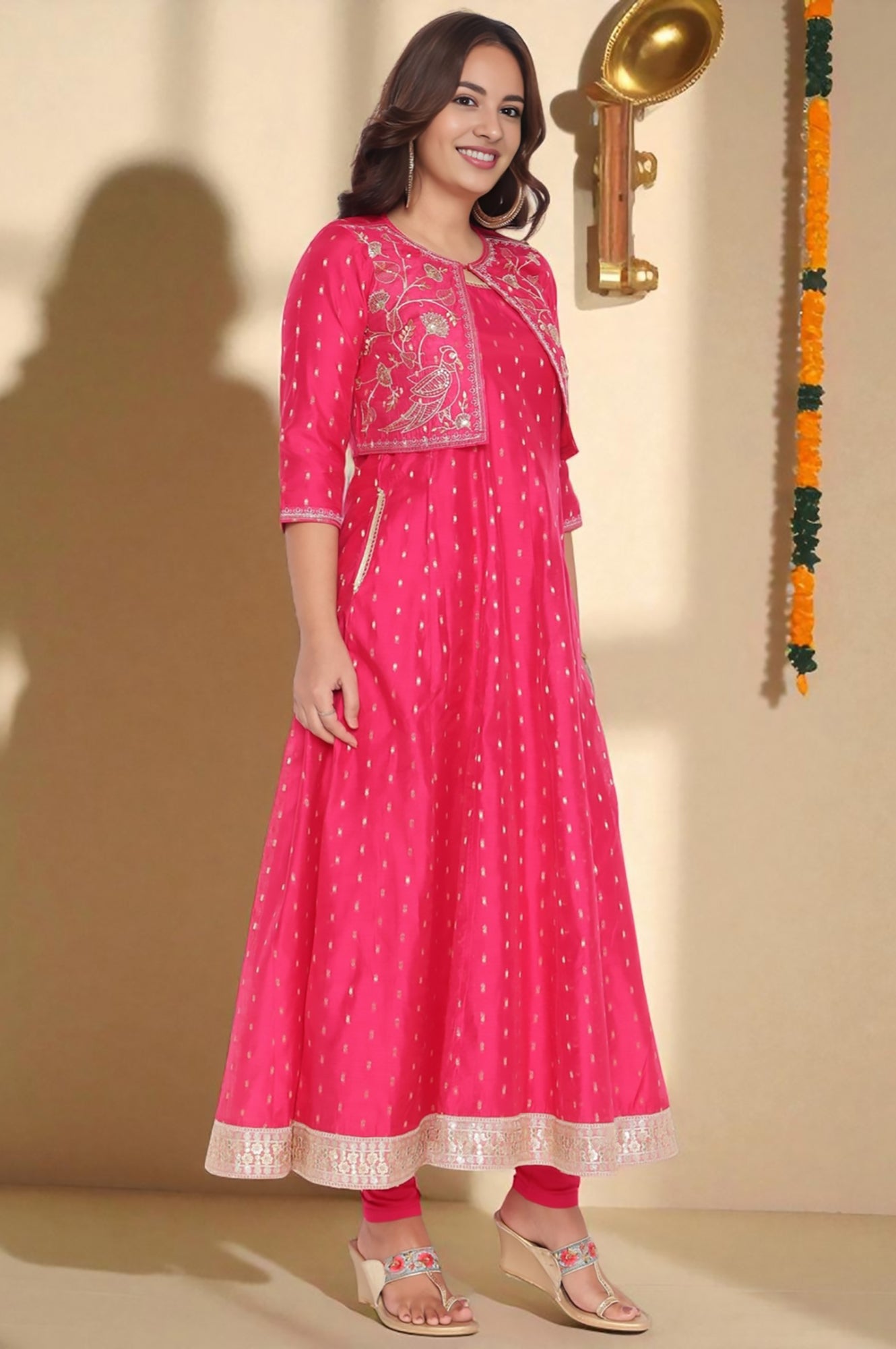 Fusia Yarn Dyed Printed Chanderi Butta Anarkali Kurta, Legging and Jacket Set