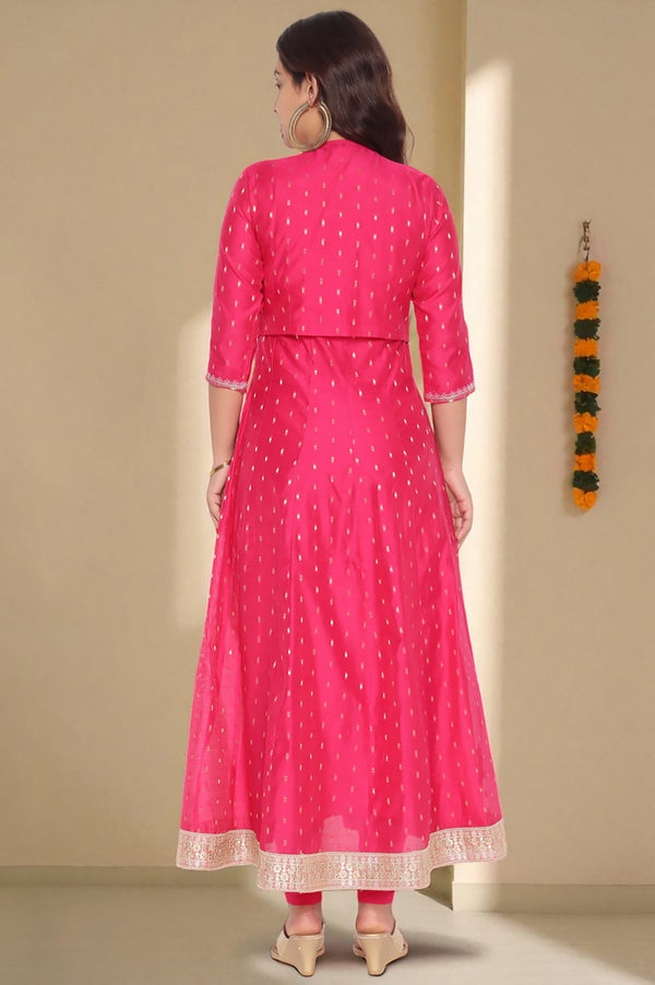 Fusia Yarn Dyed Printed Chanderi Butta Anarkali Kurta, Legging and Jacket Set