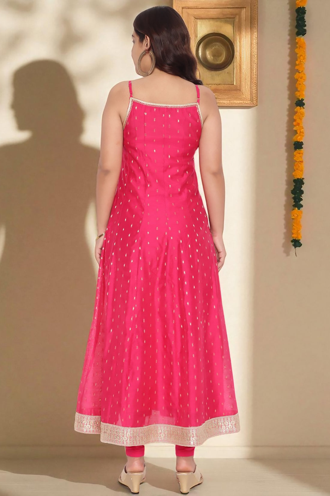 Fusia Yarn Dyed Printed Chanderi Butta Anarkali Kurta, Legging and Jacket Set