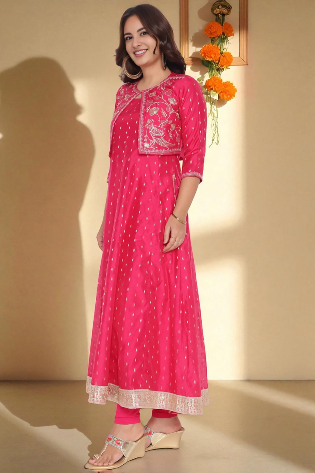 Fusia Yarn Dyed Printed Chanderi Butta Anarkali Kurta, Legging and Jacket Set