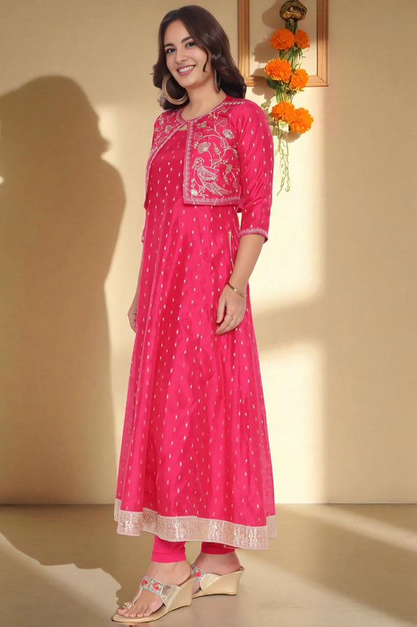 Fusia Yarn Dyed Printed Chanderi Butta Anarkali Kurta, Legging and Jacket Set