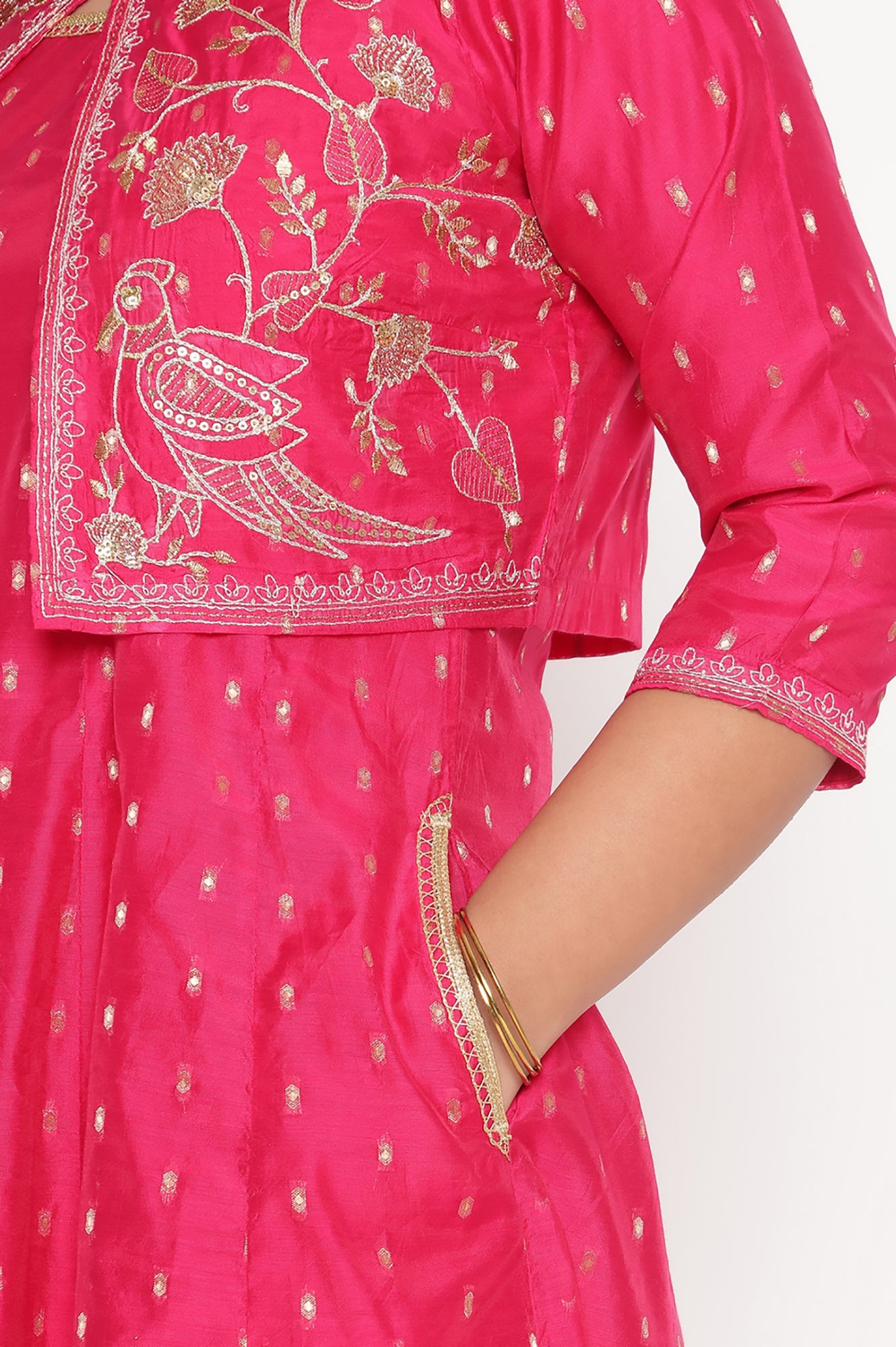 Fusia Yarn Dyed Printed Chanderi Butta Anarkali Kurta, Legging and Jacket Set