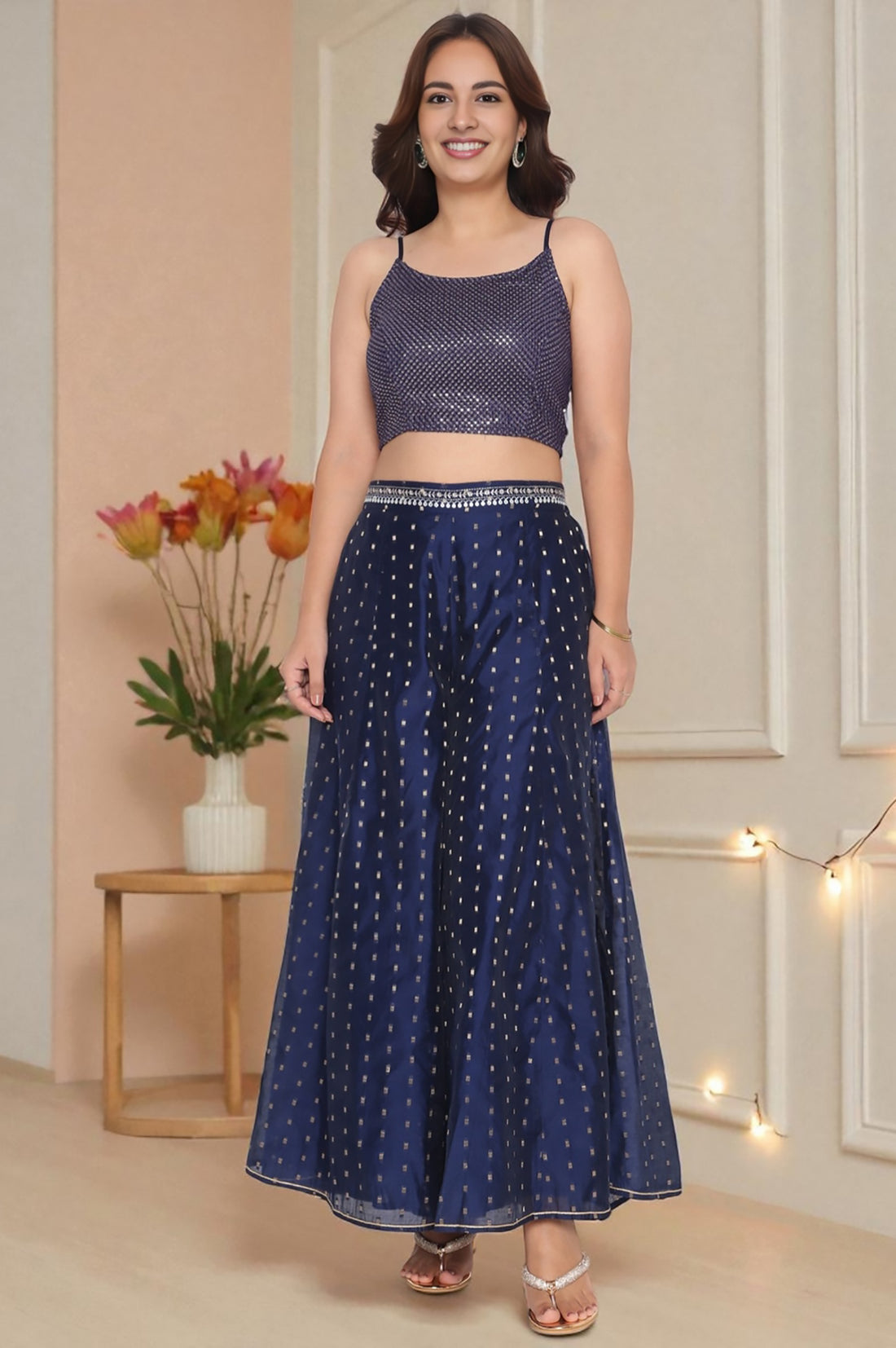 Navy Dyed Printed Sequins Georgette Straight Crop Top, Palazzo and Jacket Set