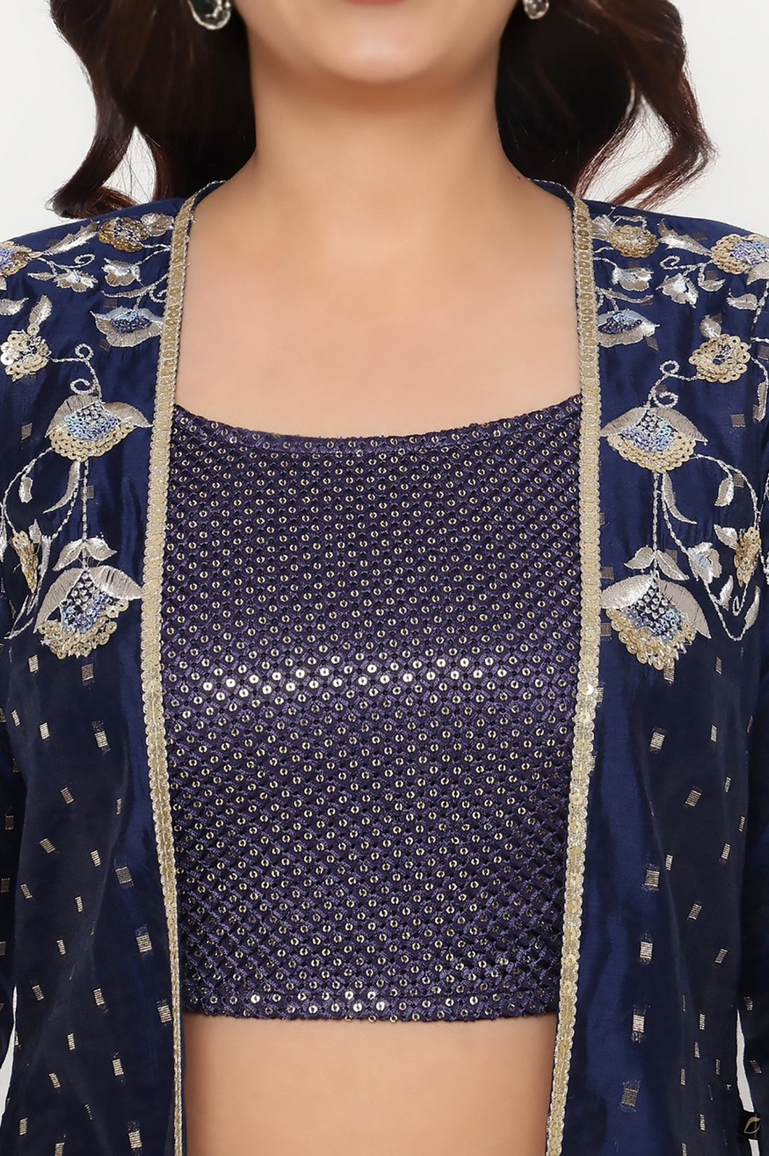 Navy Dyed Printed Sequins Georgette Straight Crop Top, Palazzo and Jacket Set