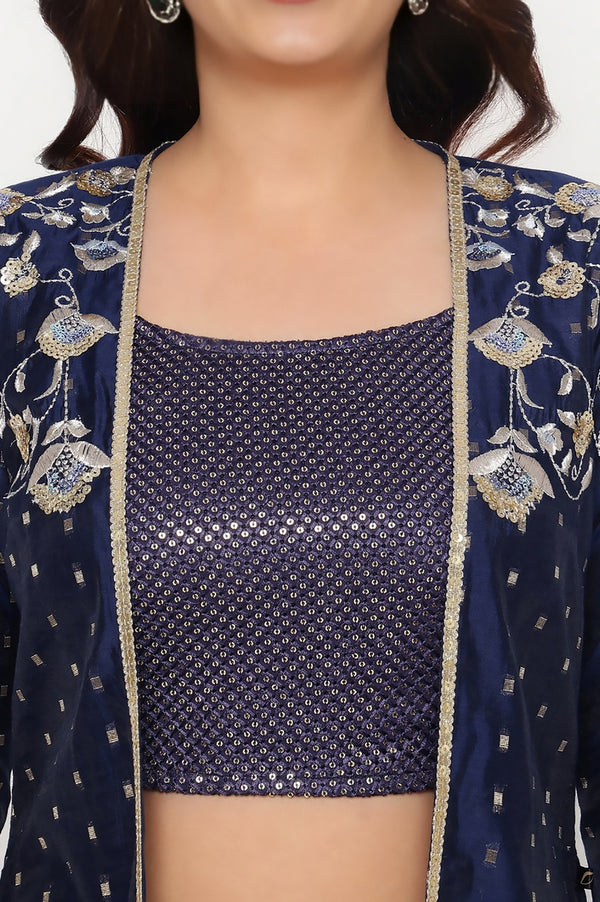 Navy Dyed Printed Sequins Georgette Straight Crop Top, Palazzo and Jacket Set