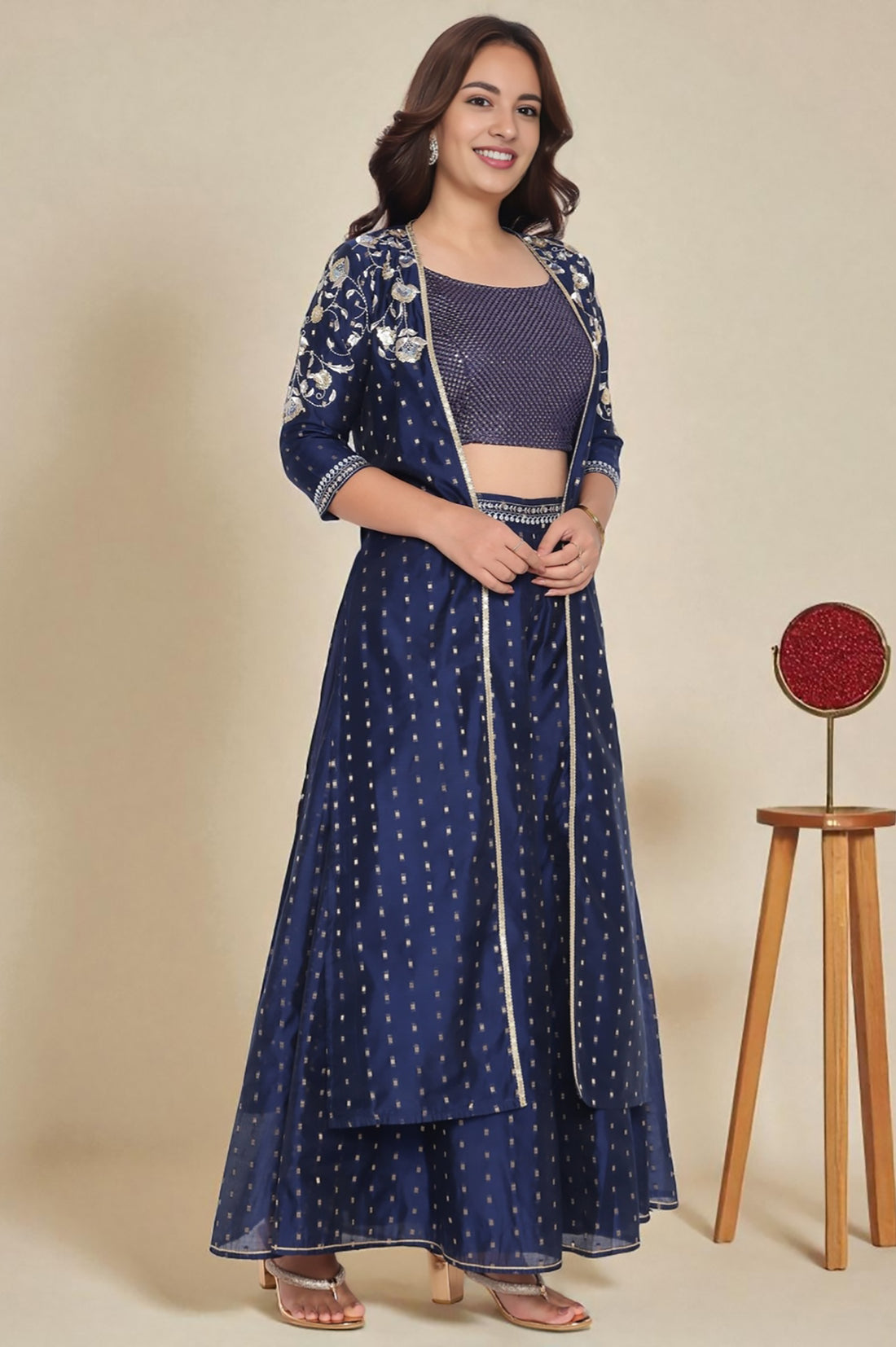 Navy Dyed Printed Sequins Georgette Straight Crop Top, Palazzo and Jacket Set