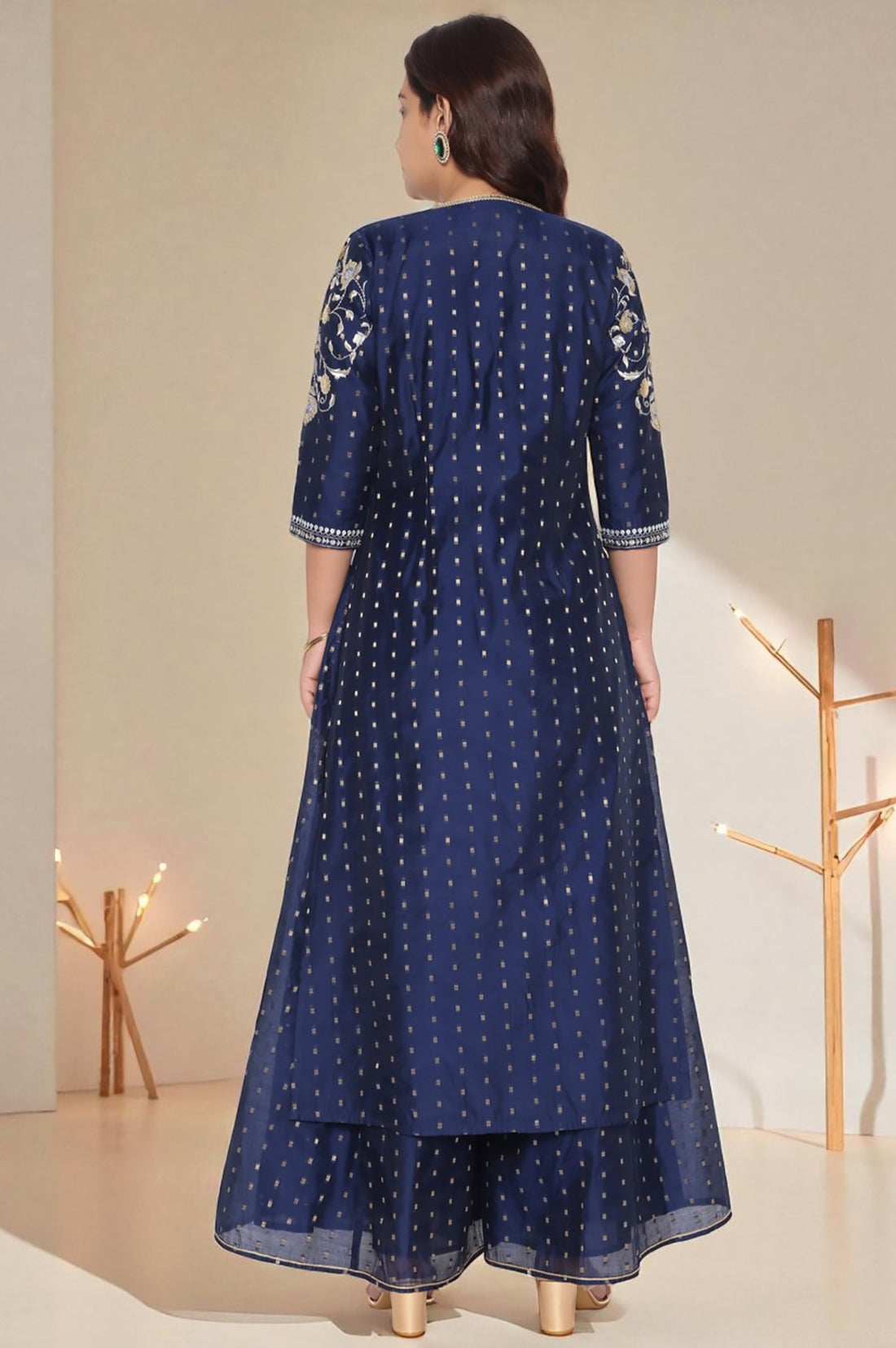 Navy Dyed Printed Sequins Georgette Straight Crop Top, Palazzo and Jacket Set