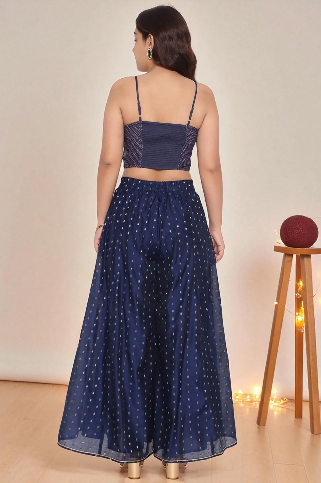 Navy Dyed Printed Sequins Georgette Straight Crop Top, Palazzo and Jacket Set
