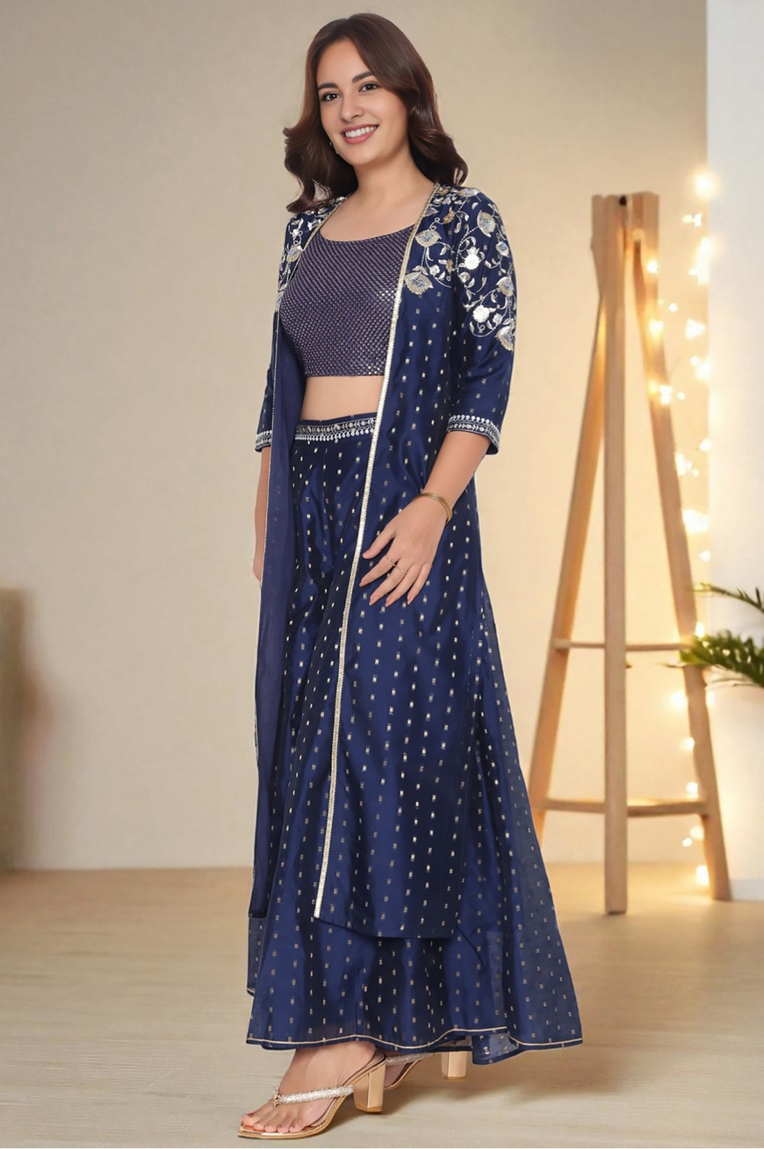 Navy Dyed Printed Sequins Georgette Straight Crop Top, Palazzo and Jacket Set