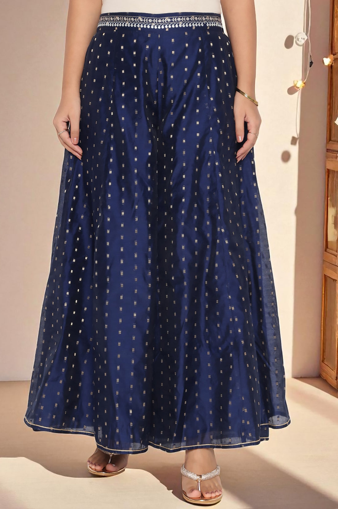 Navy Dyed Printed Sequins Georgette Straight Crop Top, Palazzo and Jacket Set