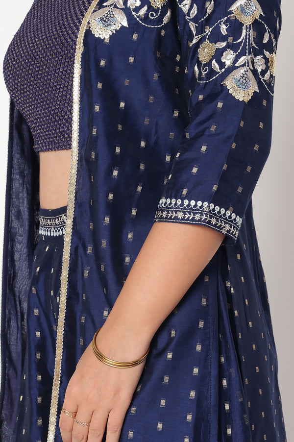 Navy Dyed Printed Sequins Georgette Straight Crop Top, Palazzo and Jacket Set