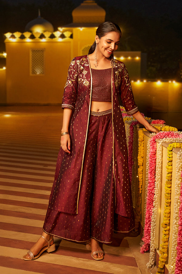 Maroon Embroidered Sequined Crop Top with Embroidered Palazzo and Jacket Set